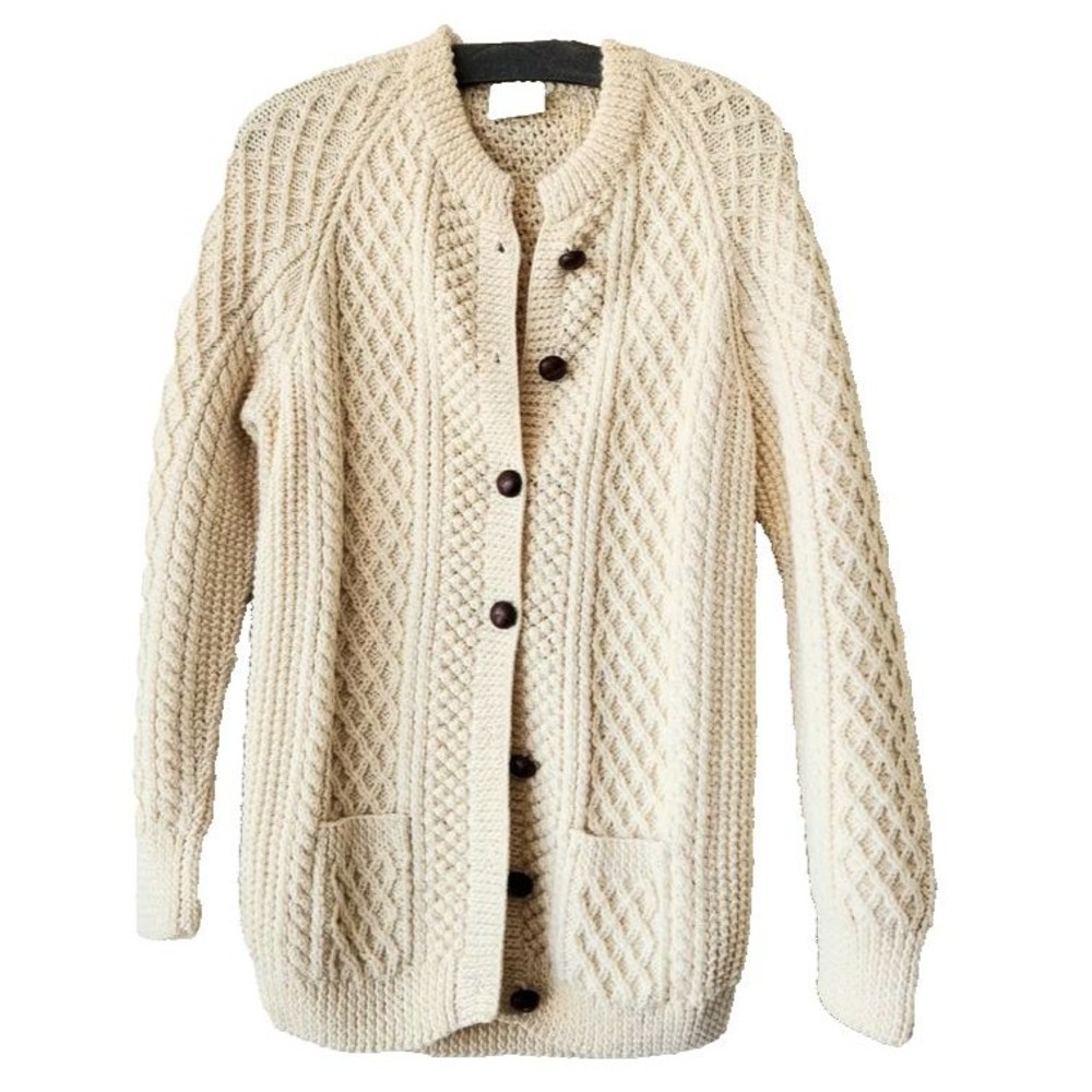 VTG CARBERY Womens IRELAND Wool Cream FISHERMAN CABLE GRANDPA Knit Cardigan Sz S